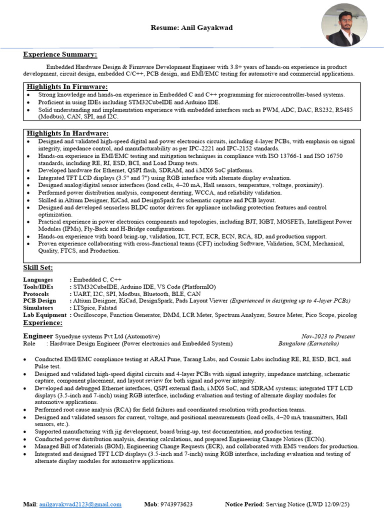 Embedded Hardware Engineer Resume | PDF | Embedded System | Computing