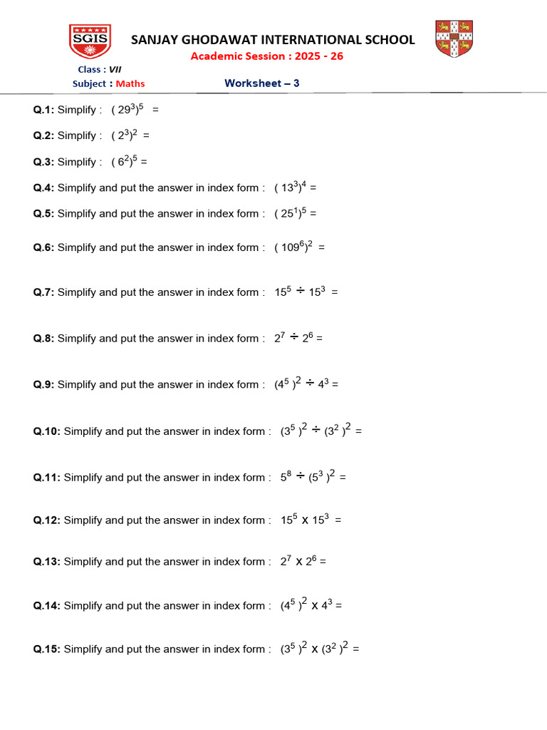 Class VII Maths Worksheet 2025-26 | PDF