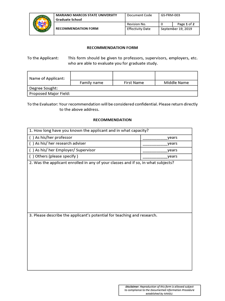 Graduate School Recommendation Form | PDF