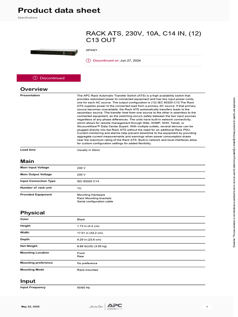 APC Rackmount Transfer Switches AP4421 | PDF | Electrical Engineering ...