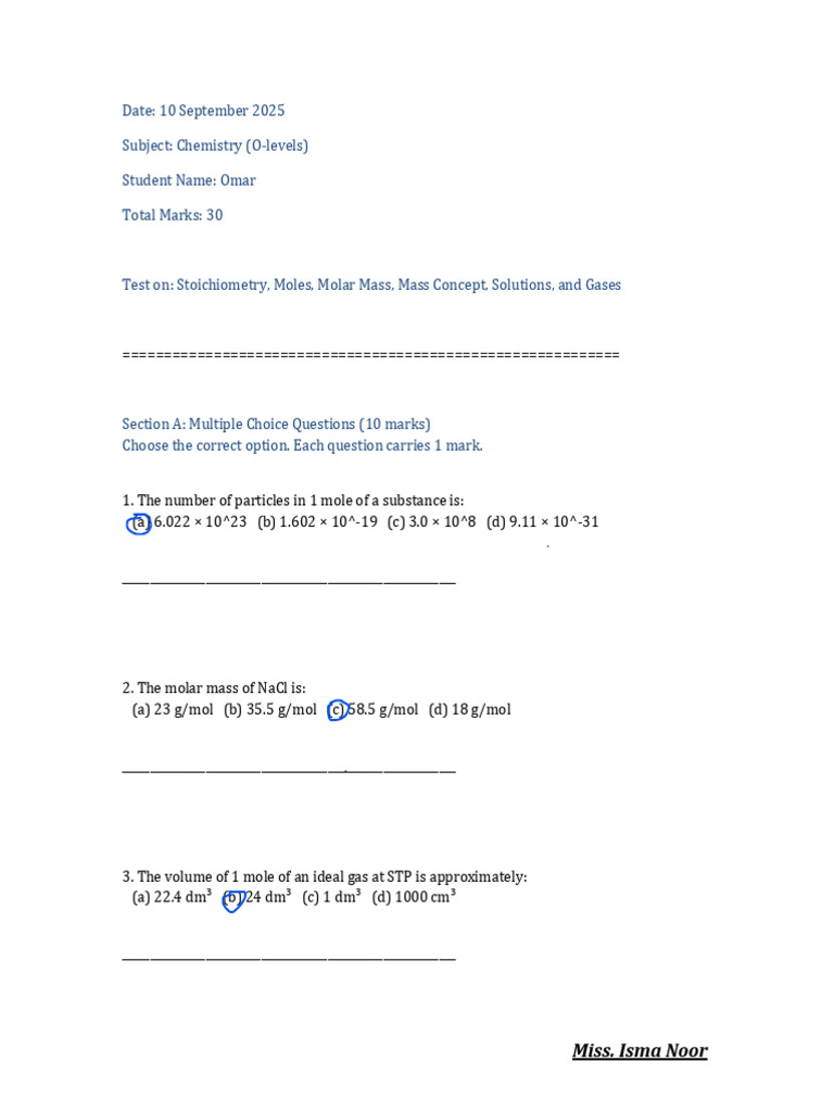 O-Level Chemistry Test: Stoichiometry & Moles | PDF | Mole (Unit ...