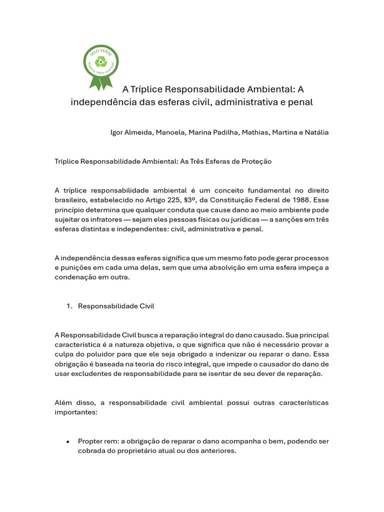 Tríplice Responsabilidade Ambiental no Brasil | PDF | Crimes | Crime e ...
