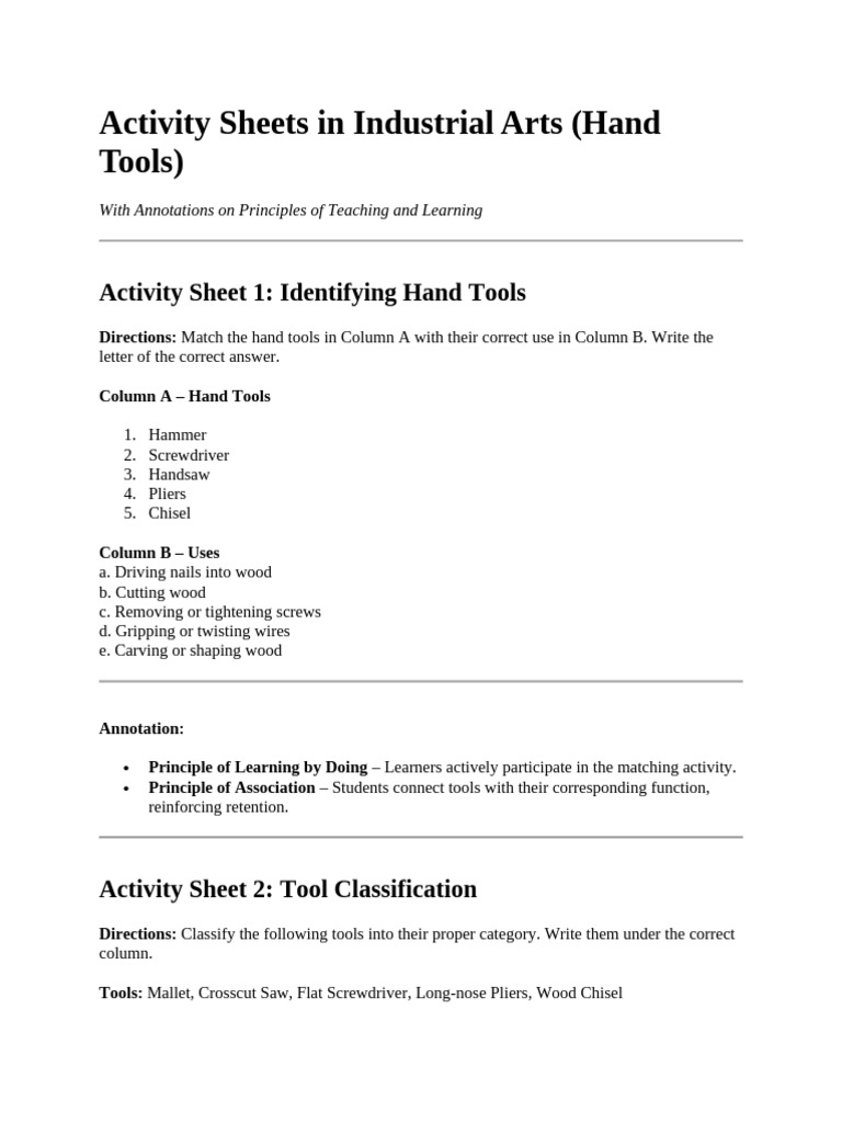 Hand Tools Activity Sheets for Learning | PDF | Tools | Learning