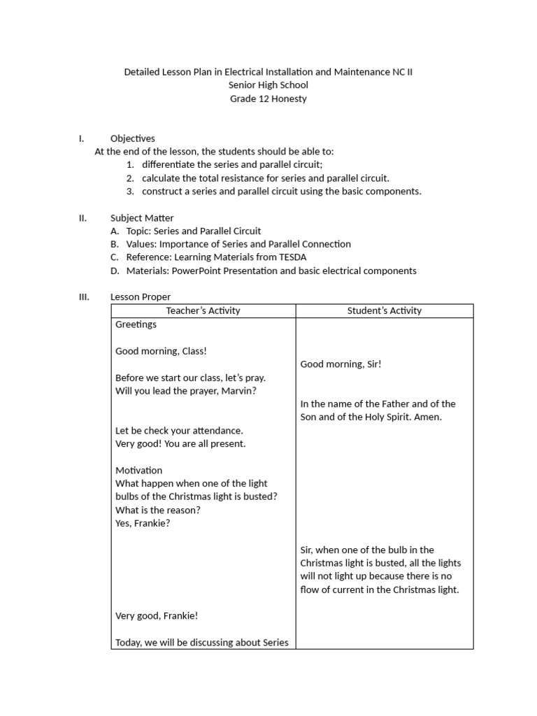 Detailed Lesson Plan in Electrical Installation and Maintenance NC II ...