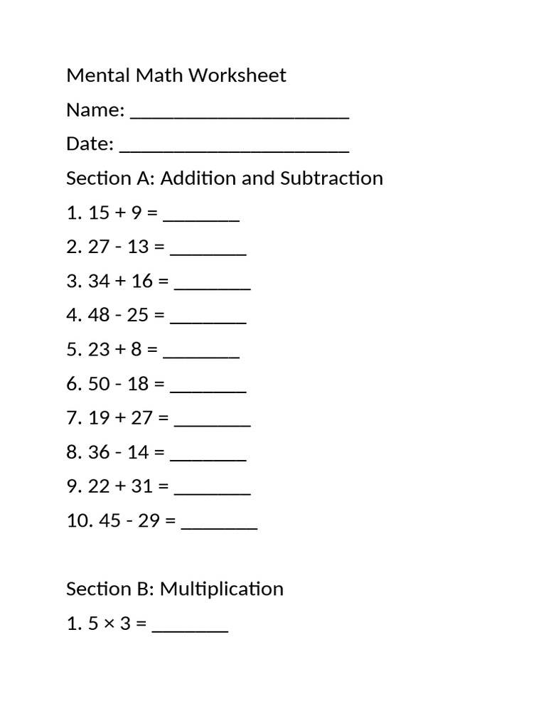 Mental Math Worksheet | PDF