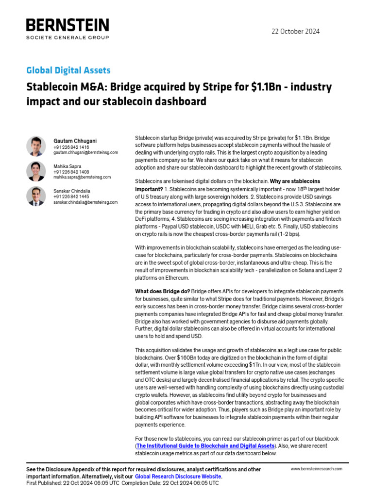 Stablecoin M&A - Bridge Acquired by Stripe For $1.1Bn - Industry Impact and  Our Stablecoin Dashboard | PDF | Cryptocurrency | Banking Technology