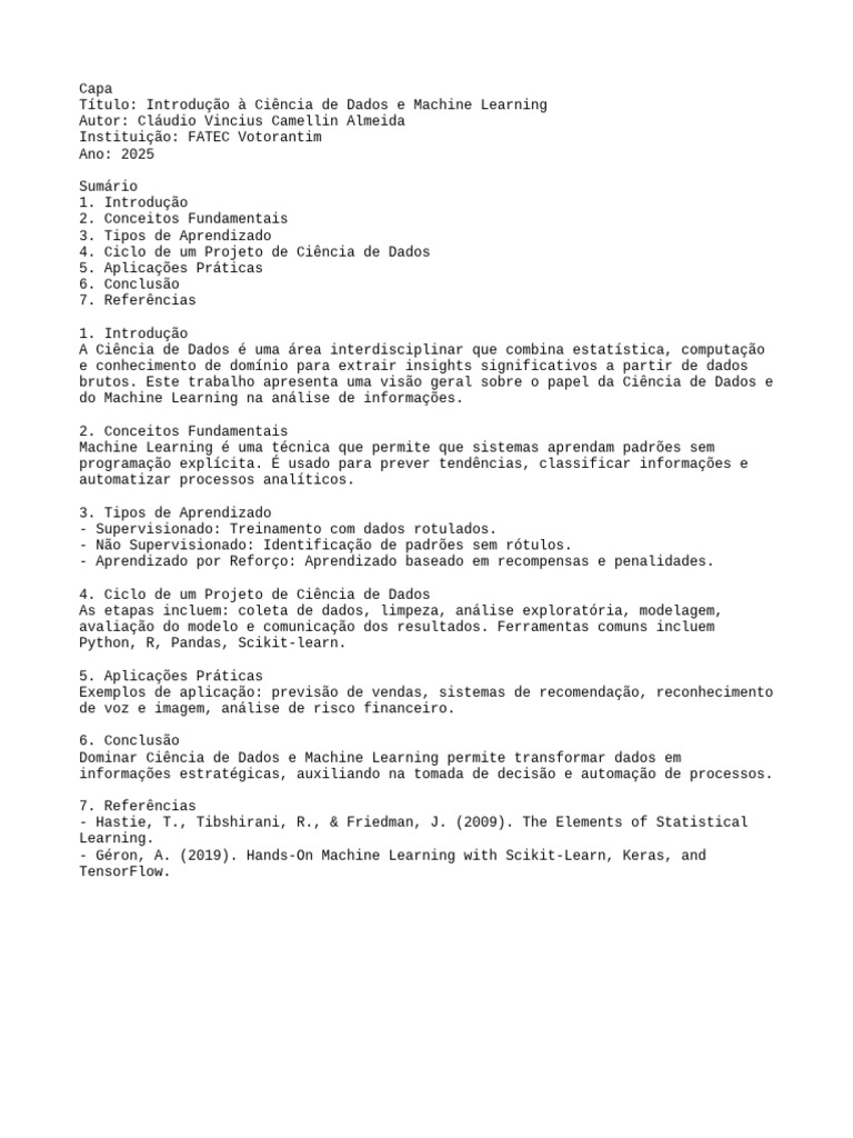 Ciência de Dados e Machine Learning | PDF
