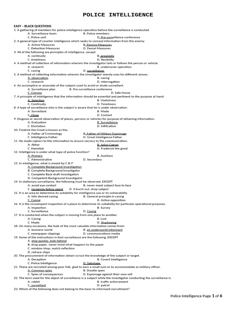 Police Intelligence Operations Quiz | PDF | Espionage | Military ...