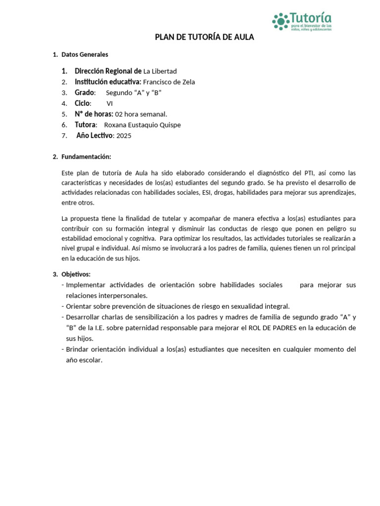 Plan de Tutoría para Segundo Grado 2025 | PDF | Habilidades sociales ...