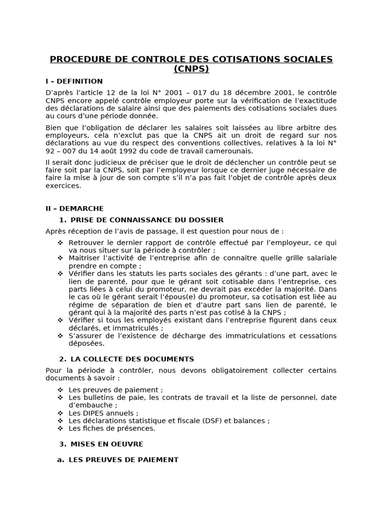 Contrôle des Cotisations Sociales CNPS | PDF | Relations de travail ...