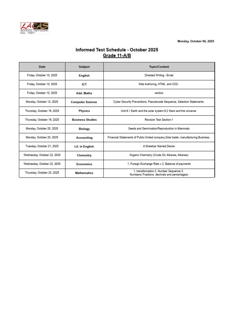 Grade 11 October 2025 Test Schedule | PDF