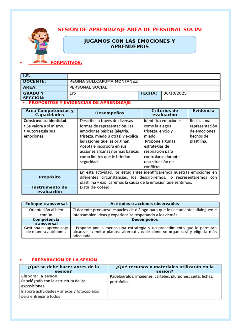 Sesion de Personal Social Primer Grado | PDF | Las emociones | Aprendizaje