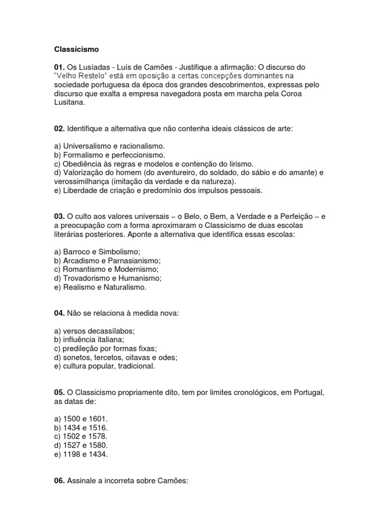 Exercícios sobre Classicismo com Gabarito | PDF | Sonetos | Poesia