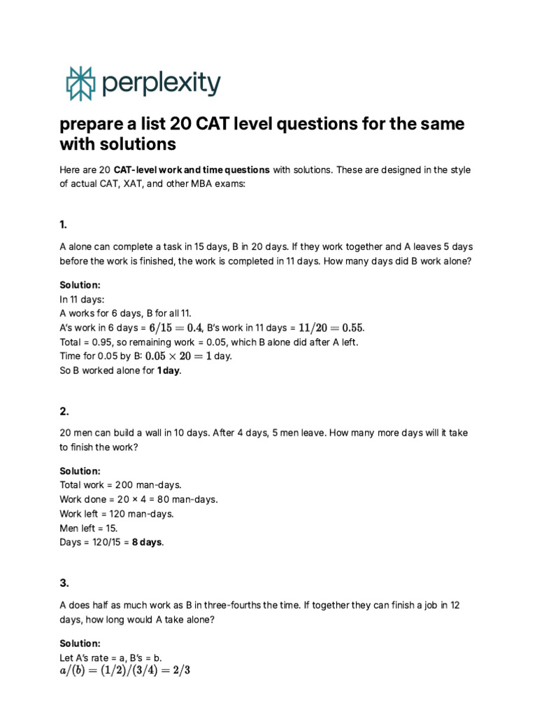 20 CAT Work and Time Problems with Solutions | PDF | Chess | Chess Theory