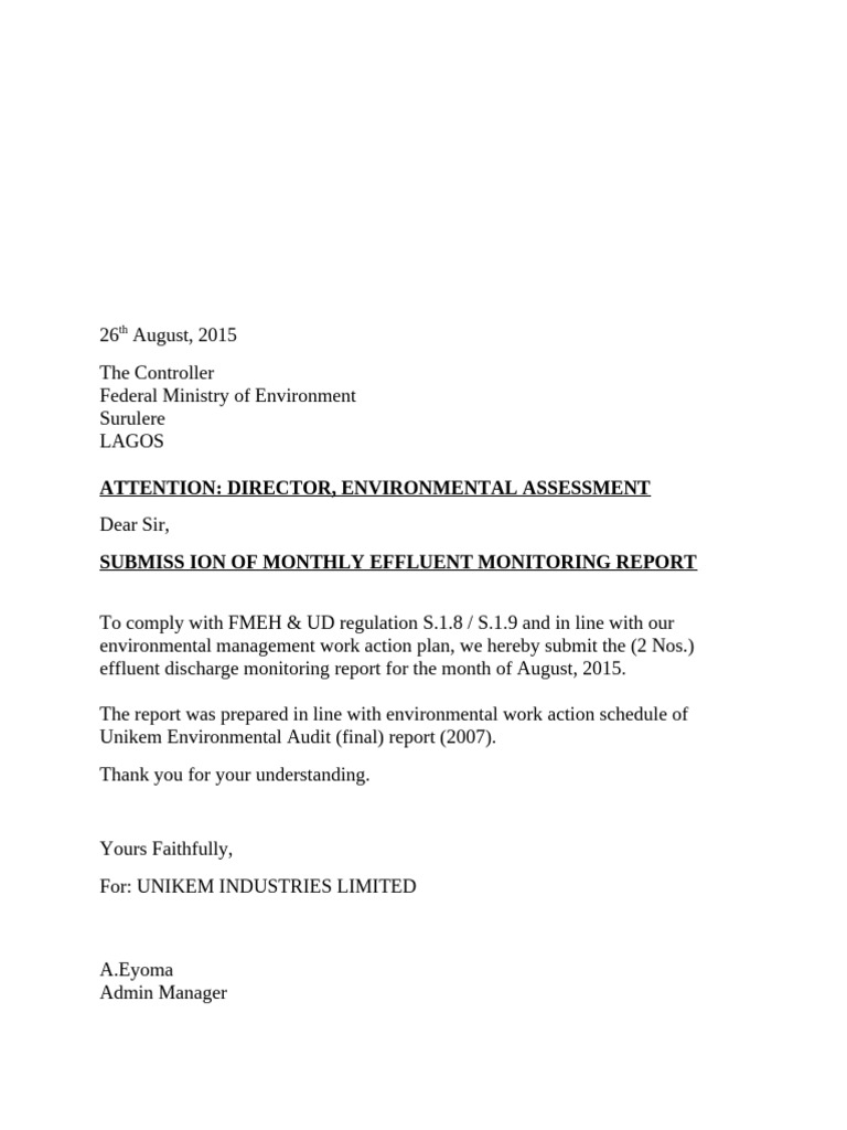 Unikem Industries Effluent Report Submission | PDF