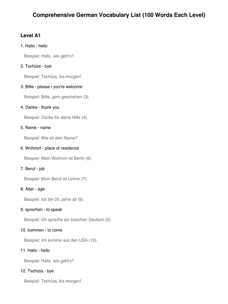 Comprehensive German Vocabulary List (100 Words Each Level) | PDF