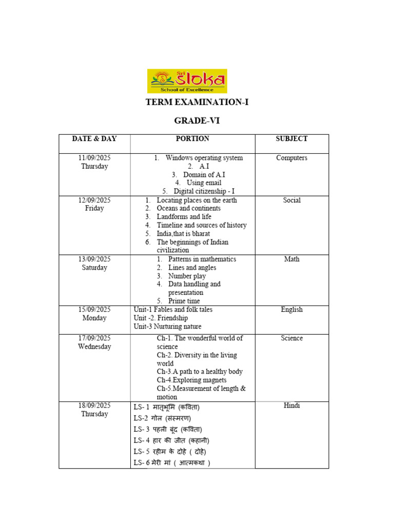 Grade VI Term Exam Schedule 2025 | PDF