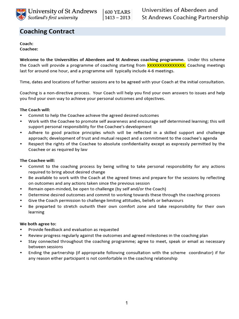 Printable Coaching Contract Sample | PDF | Social Psychology | Psychology