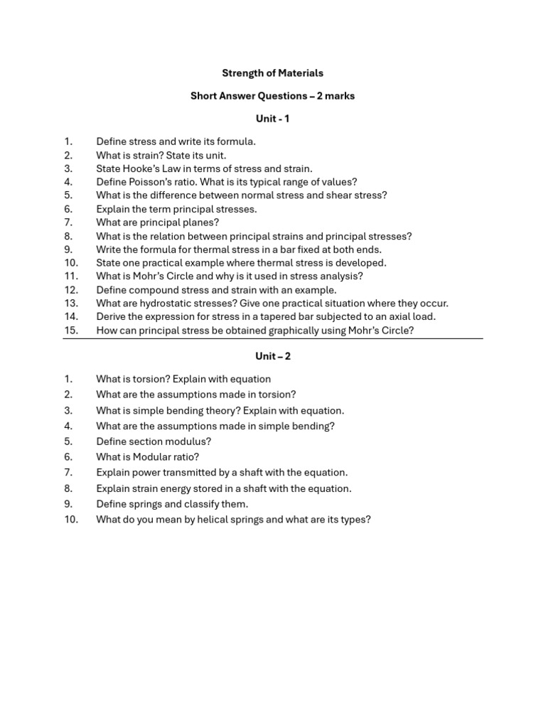 Strength of Materials Short Answer Guide | PDF | Stress (Mechanics ...