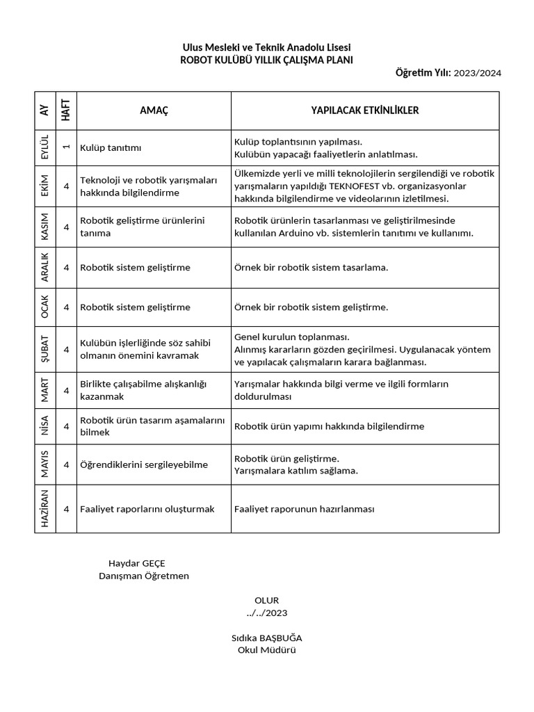 Robot Kulubu Yillik Plan | PDF