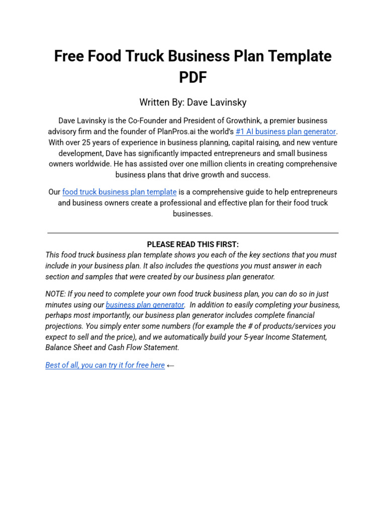 Free Version of Growthinks Food Truck Business Plan Template | PDF ...