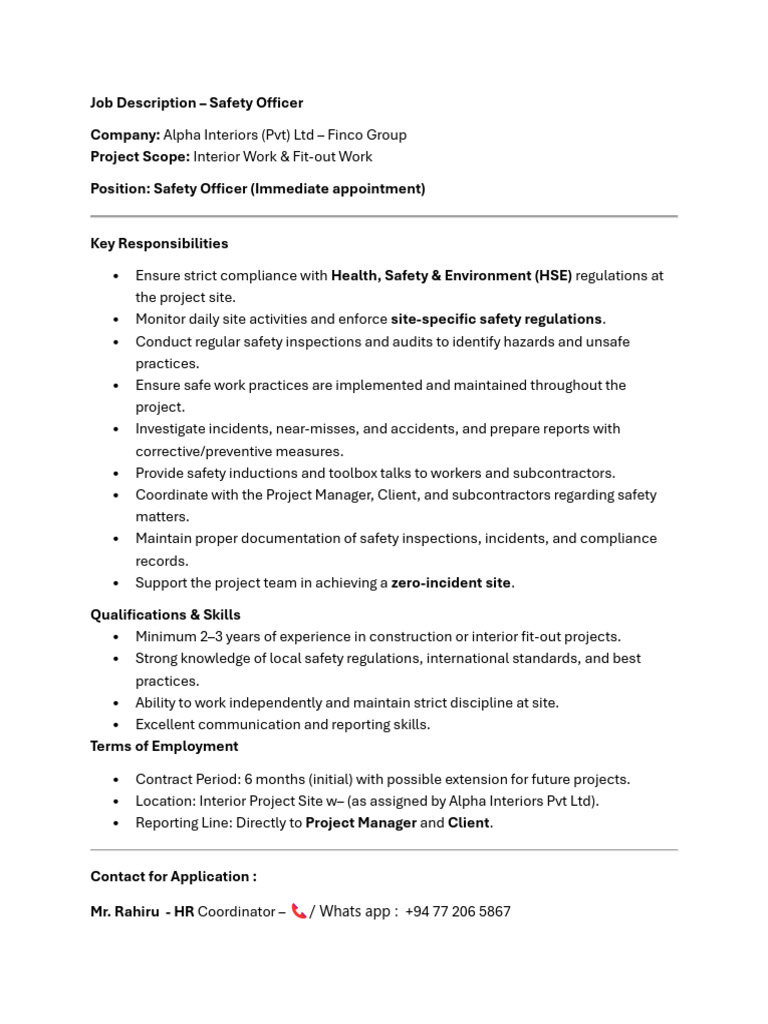 Job Description Safety Officer Pdf