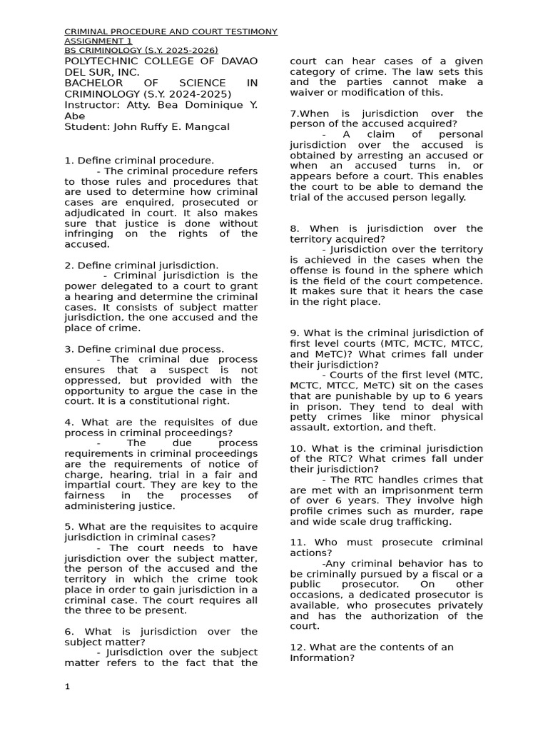 Criminal Procedure and Jurisdiction Guide | PDF | Crimes | Crime & Violence