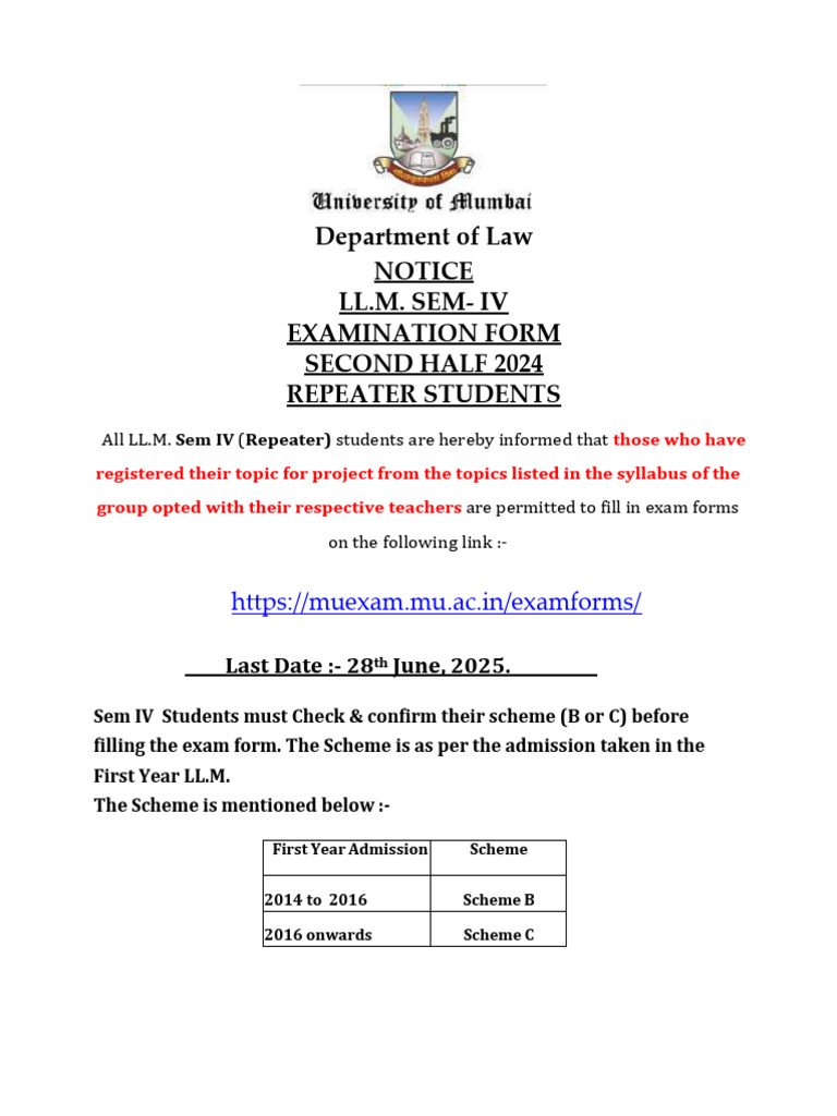LL.M. Sem IV Exam Form Notice 2025 | PDF