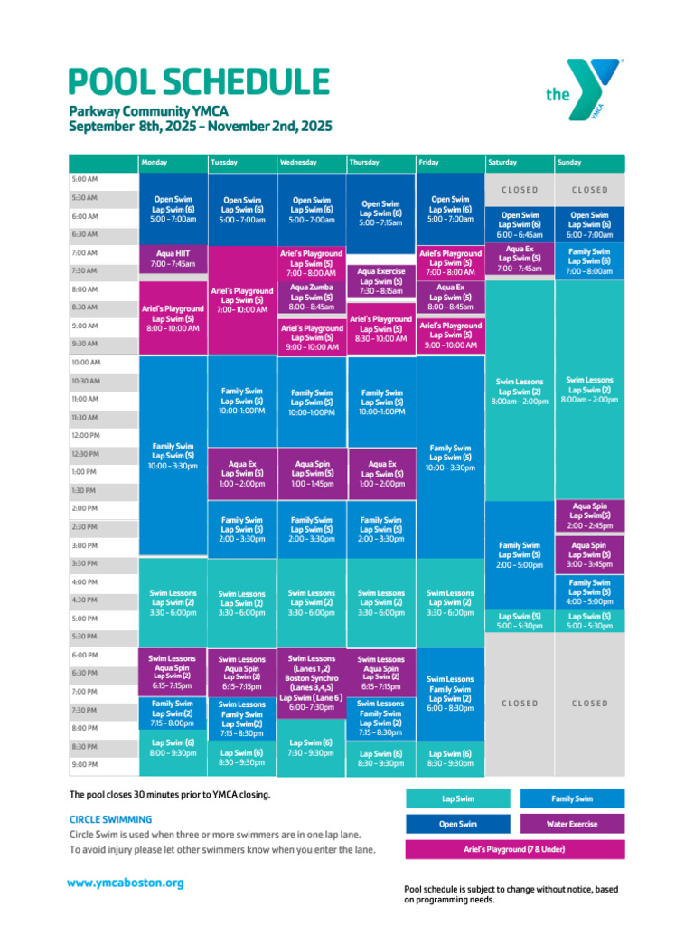 Parkway YMCA Pool Schedule 2025 | PDF