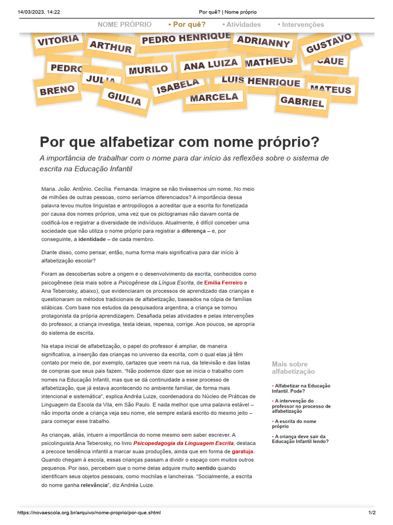 Alfabetização com Nome Próprio na Educação Infantil | PDF ...