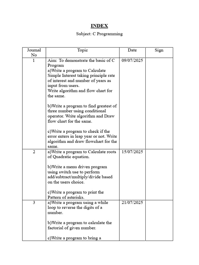INDEX C Programming (40 | PDF