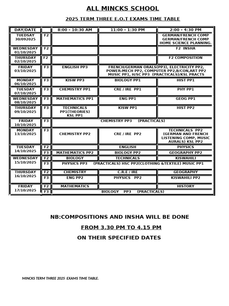Mincks School Term 3 Exam Schedule 2025 | PDF | Physical Sciences ...