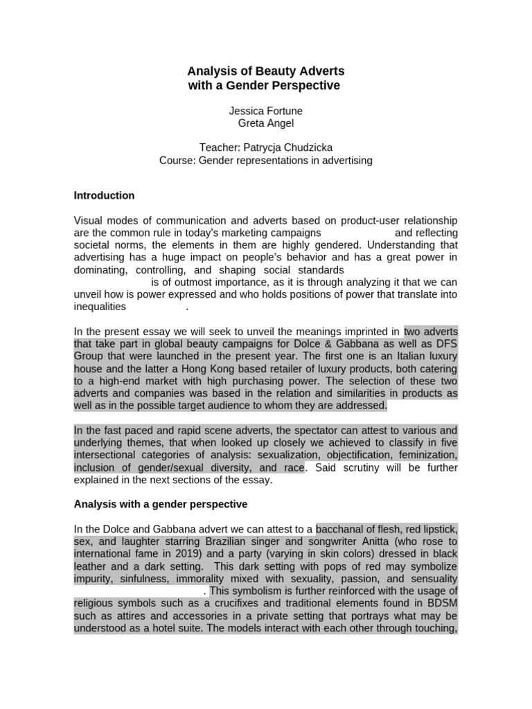 Gendered Analysis of Beauty Advertisements | PDF | Gender | Gender Studies