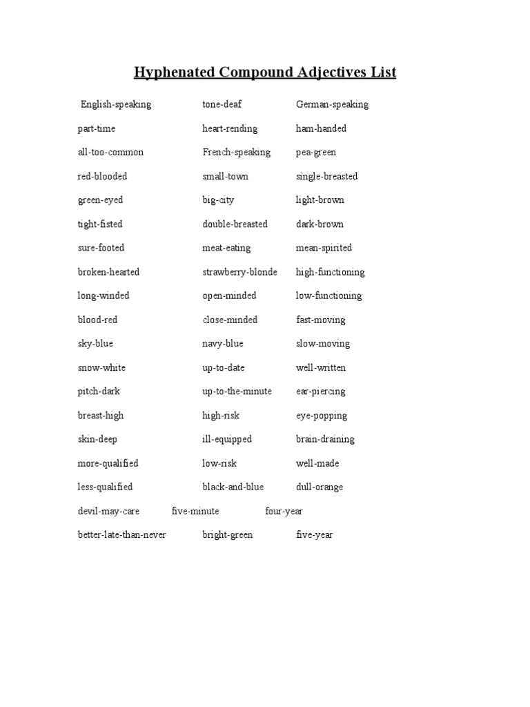 Hyphenated Compound Adjectives List Onomastics Syntactic Relationships