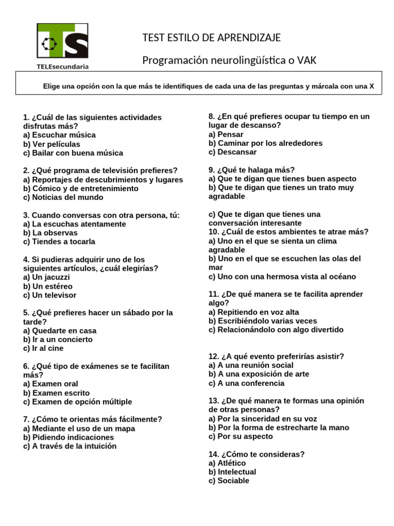 Test de Estilos de Aprendizaje VAK | PDF | Aprendizaje | Información