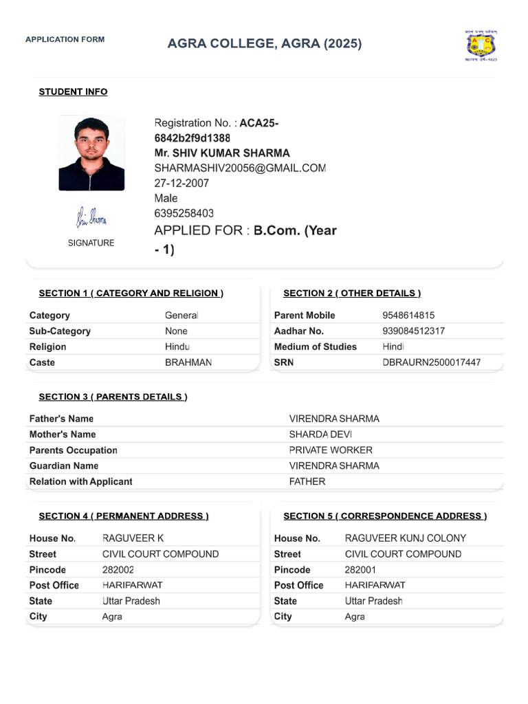 Form Agra College | PDF