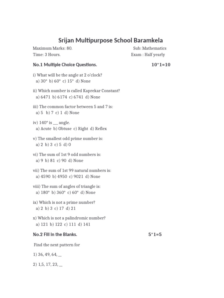 Math Class 6th Half Yearly Finalll | PDF | Discrete Mathematics ...