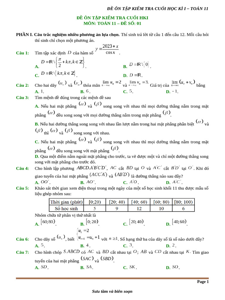 De So 01 On Tap Cuoi Ki 1 Toan 11 KNTT - CTM - HDG | PDF