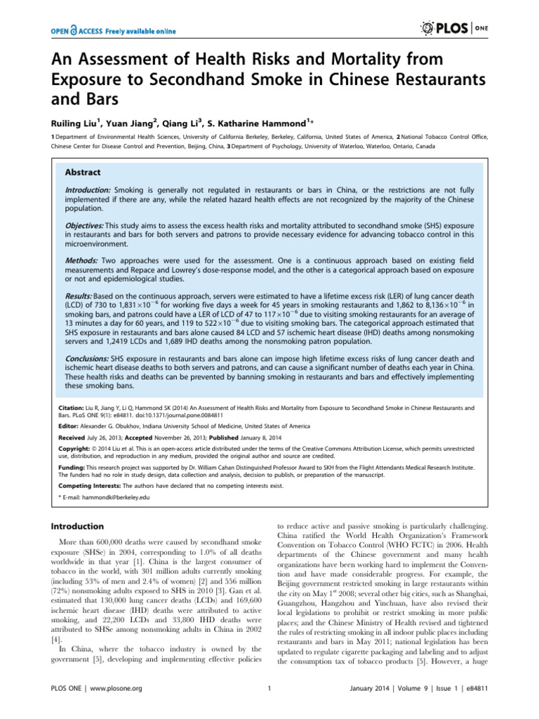 Health Risks of Secondhand Smoke in China | PDF | Tobacco Smoking ...