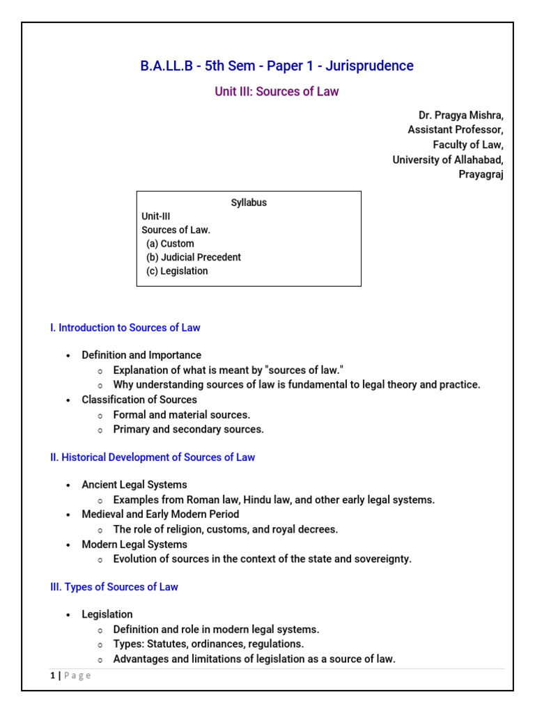 B.a.ll.B - 5th Sem-Paper 1 - Jurisprudence - Unit III Sources of Law ...