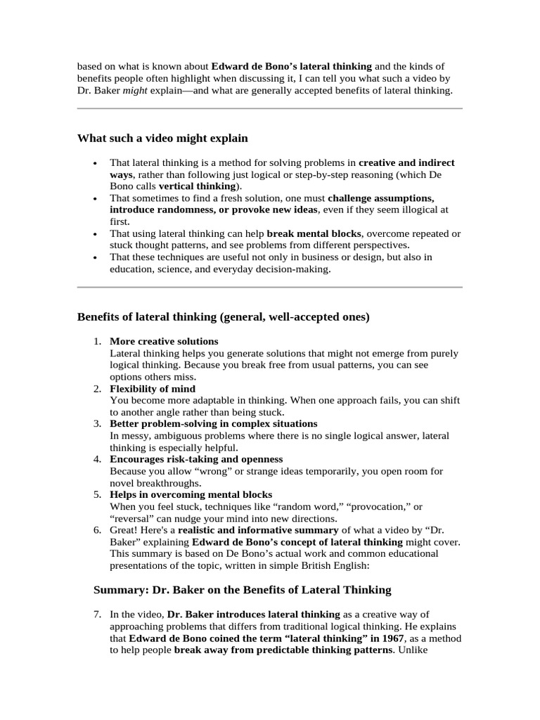 Benefits of Lateral Thinking Explained | PDF | Thought | Creativity