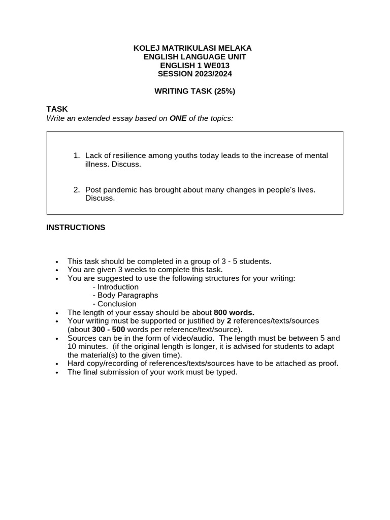Extended Essay Writing Task Guidelines | PDF