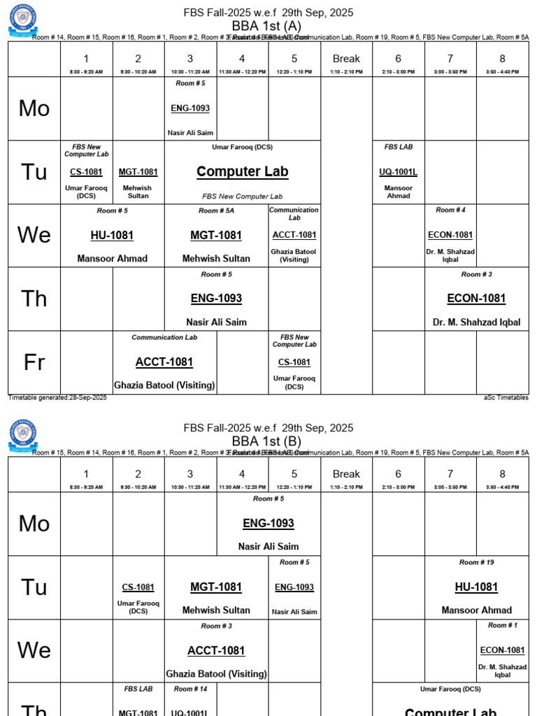 Faisalabad Business School Fall 2025 Timetable | PDF