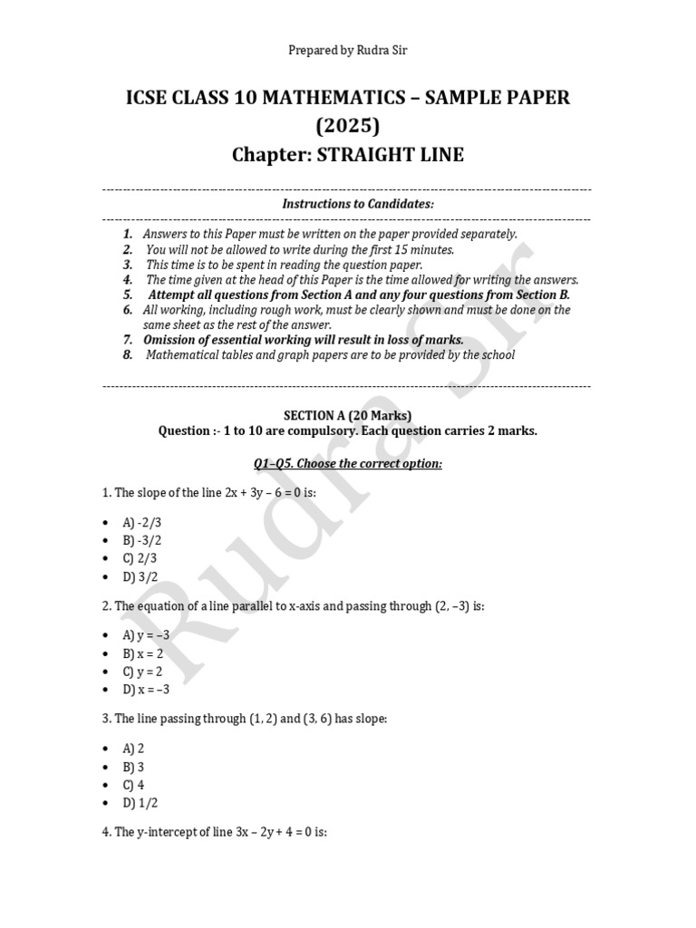 ICSE Class 10 Math Sample Paper: Straight Line | PDF | Line (Geometry ...