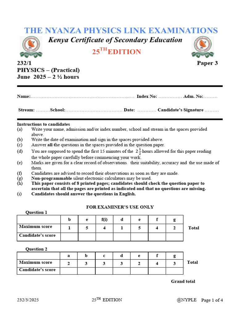 Physics Practical Exam Paper June 2025 | PDF
