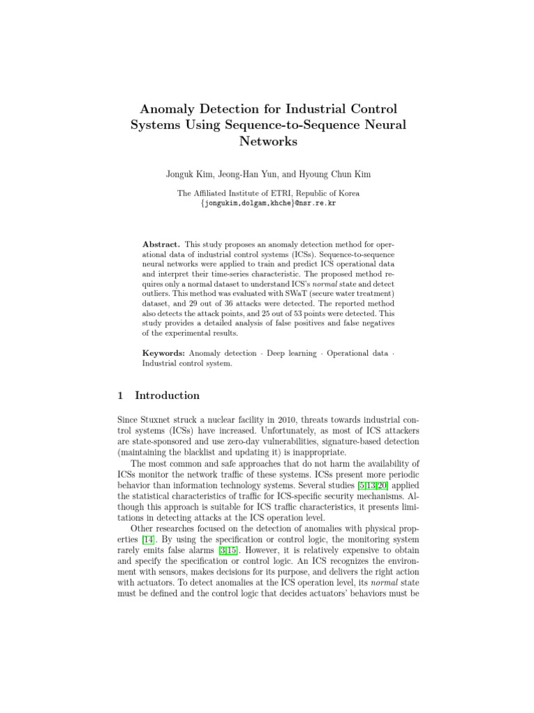 Anomaly Detection For Industrial Control Systems Using Sequence-to ...