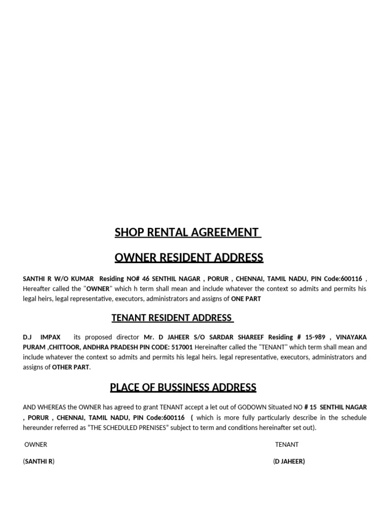 Chennai Shop Rental Agreement | PDF | Leasehold Estate | Lease