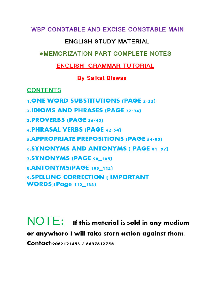 WBP Constable English Study Guide | PDF