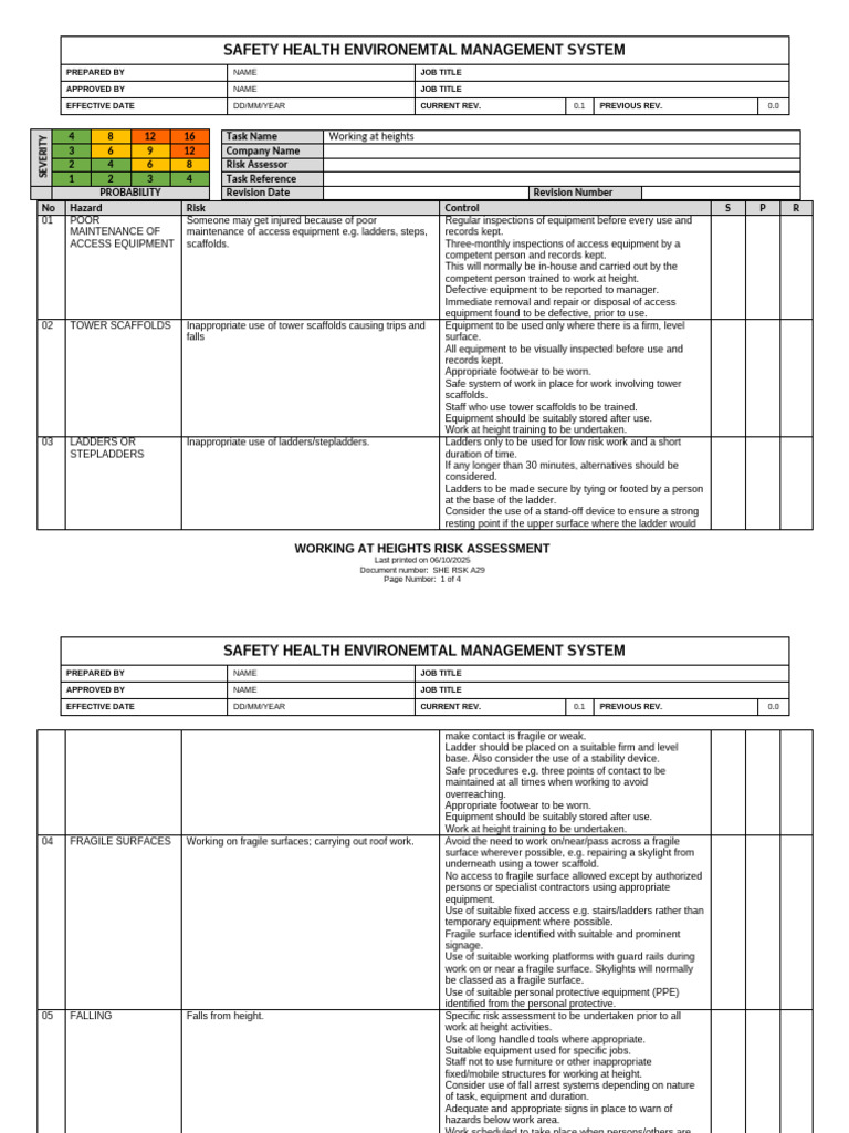 Working at Heights Risk Assessment Guide | PDF | Scaffolding | Ladder