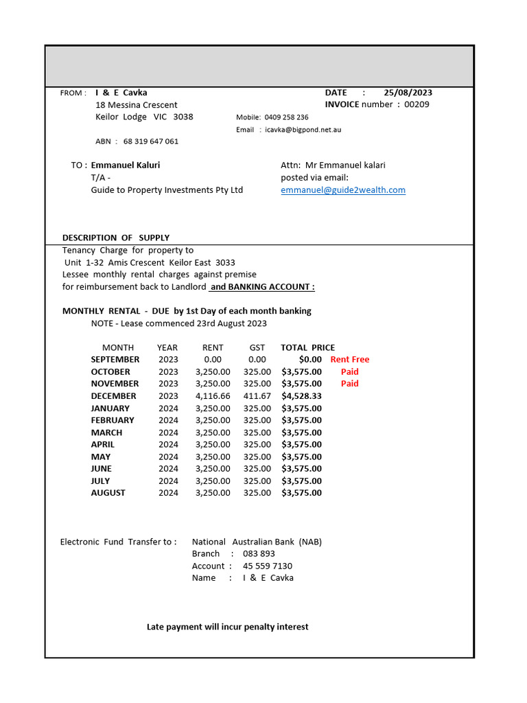Tax Invoice for Rental Charges 2023 | PDF